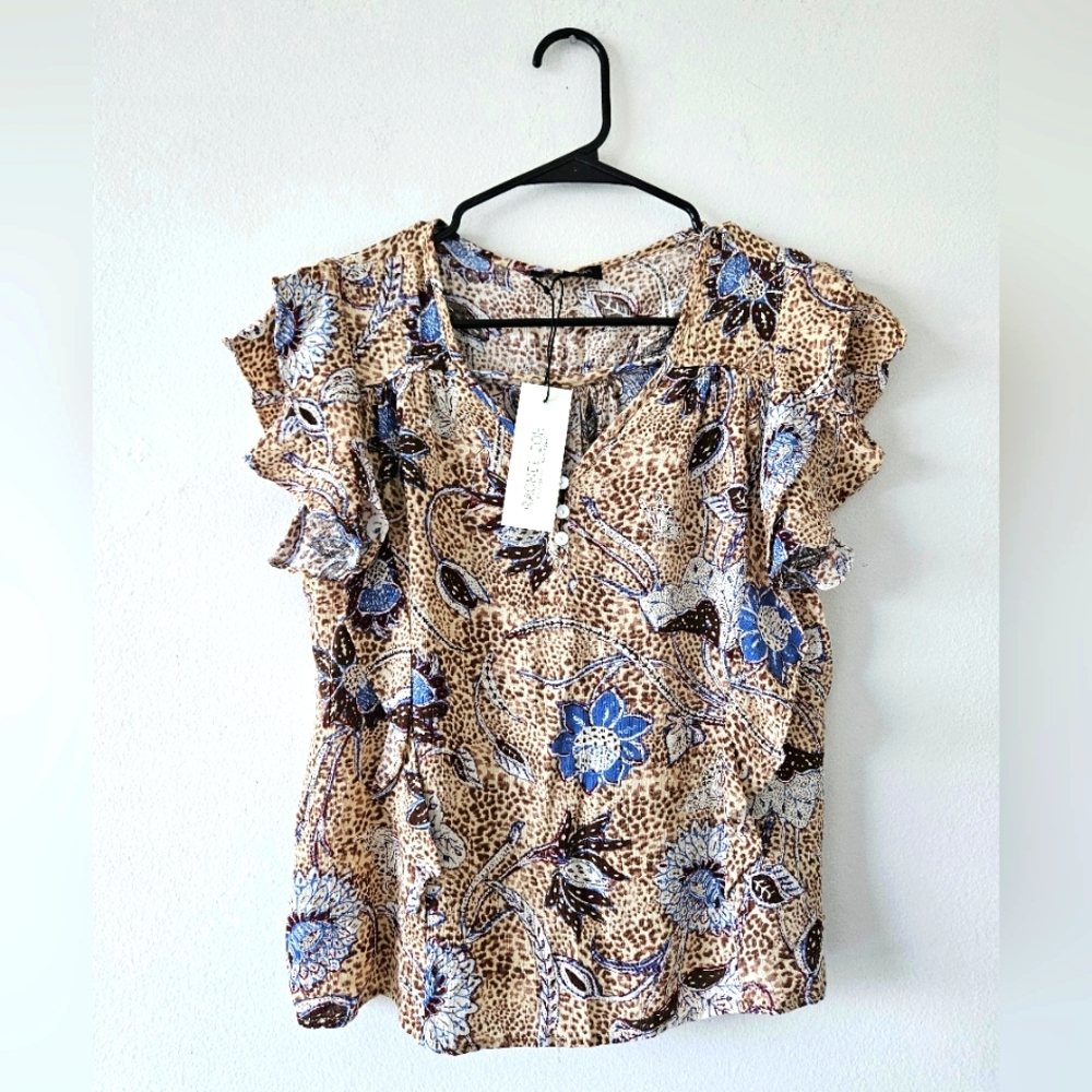 💙Rachel Zoe' blouse blue/ tan ruffles lightweight size small 💙 - Picture 1 of 12